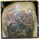 skull with roses trash polka tattoo